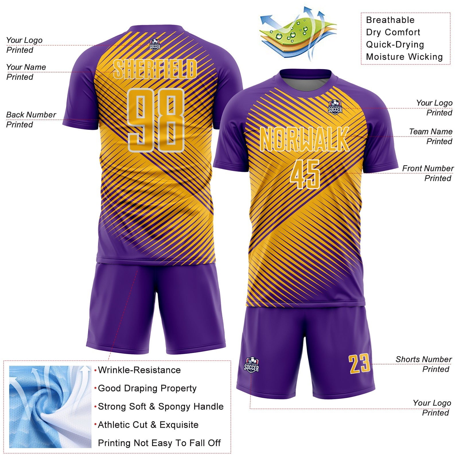Custom Purple Gold-White Line Sublimation Soccer Uniform Jersey view 4