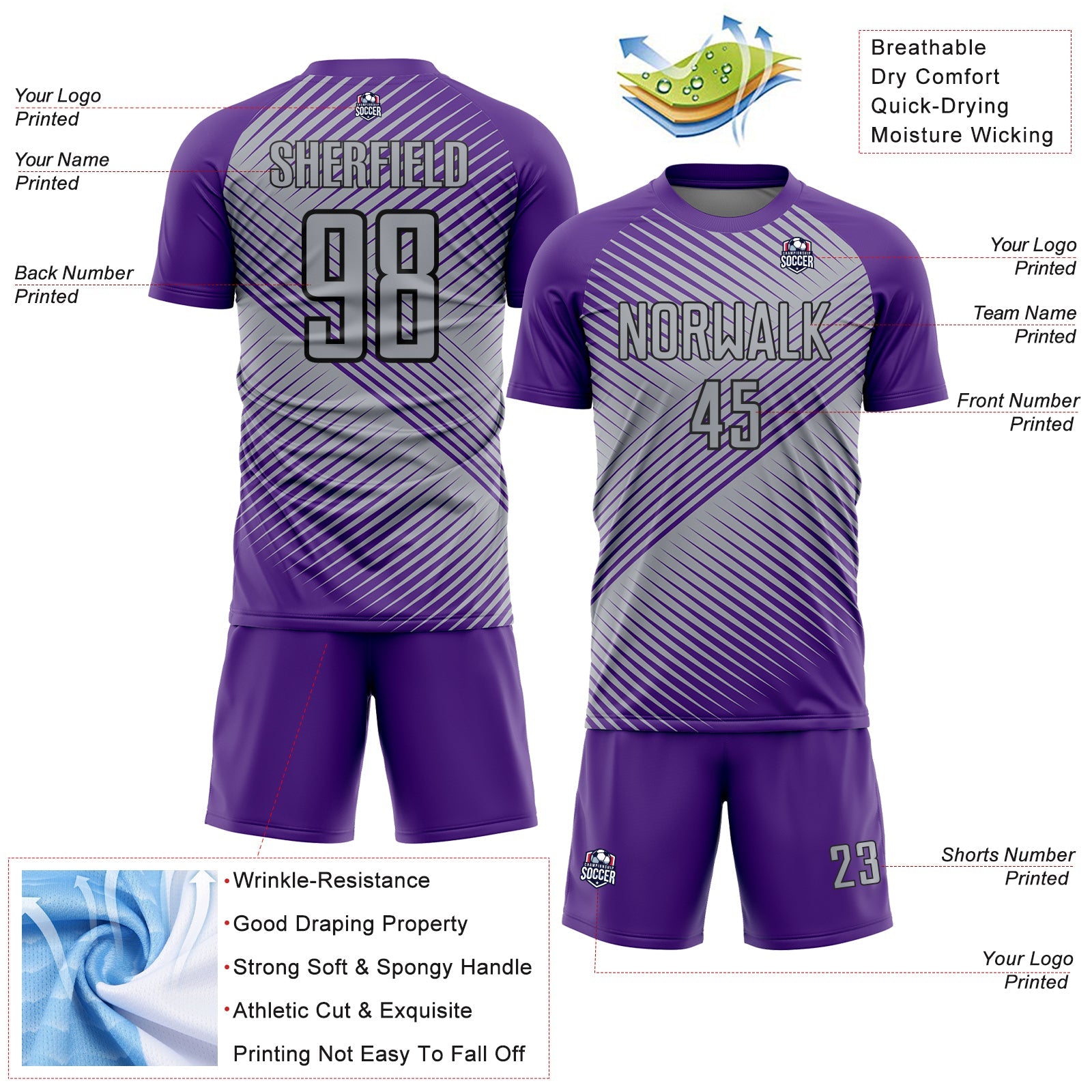Custom Purple Gray-Black Line Sublimation Soccer Uniform Jersey view 4