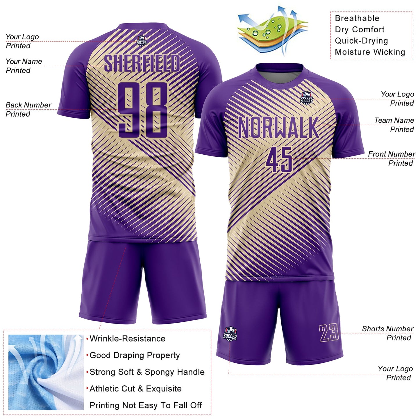 Custom Purple Cream Line Sublimation Soccer Uniform Jersey view 4