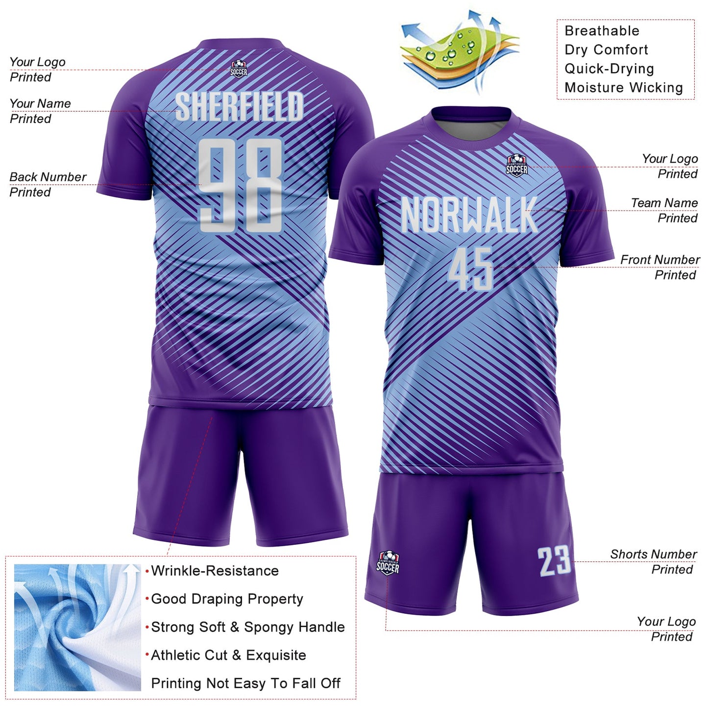 Custom Purple White-Light Blue Line Sublimation Soccer Uniform Jersey view 4
