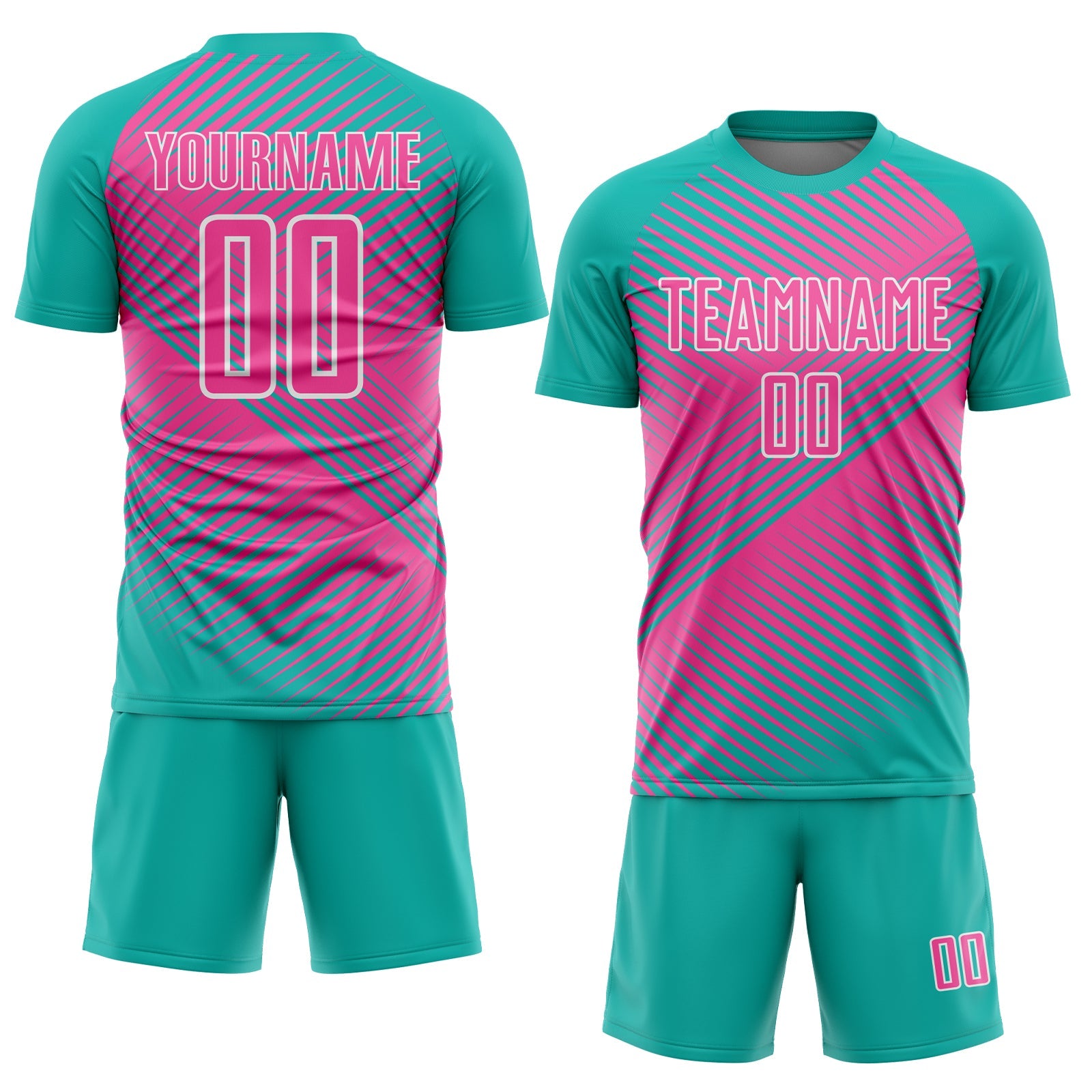 Custom Aqua Pink-White Line Sublimation Soccer Uniform Jersey view 2