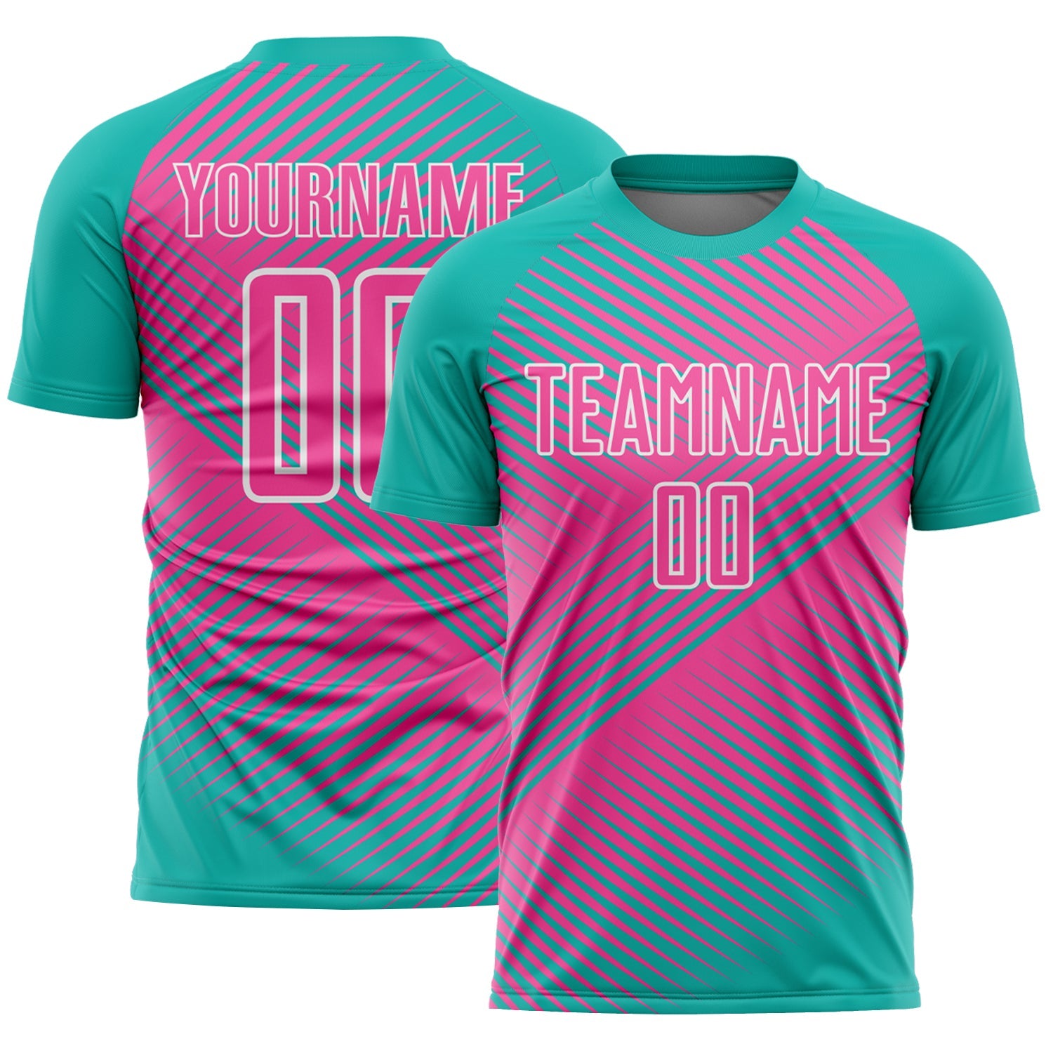 Custom Aqua Pink-White Line Sublimation Soccer Uniform Jersey - Main View