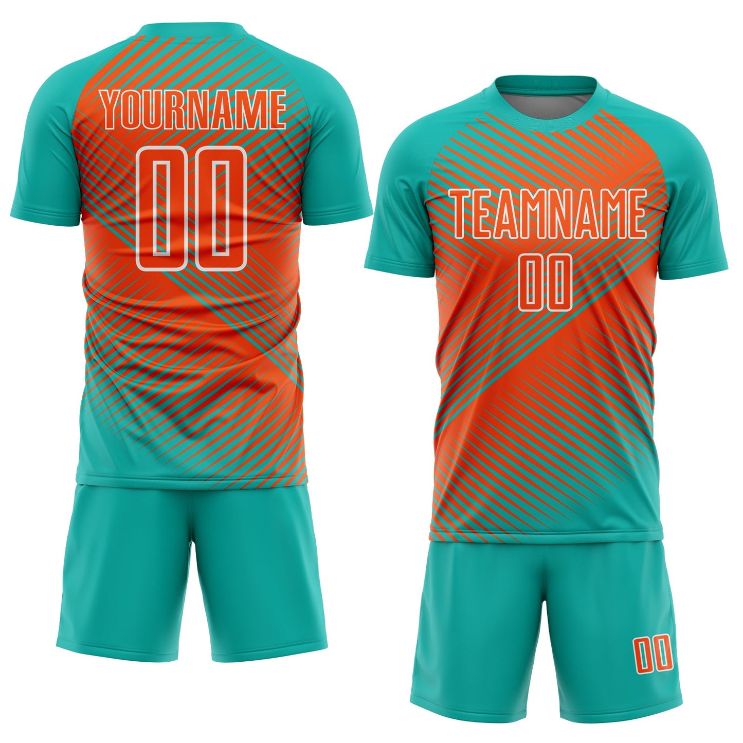 Custom Aqua Orange-White Line Sublimation Soccer Uniform Jersey view 2