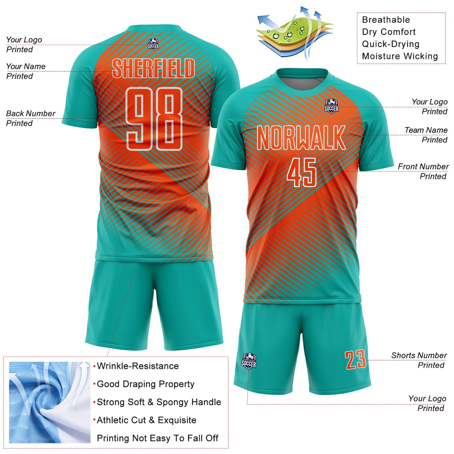 Custom Aqua Orange-White Line Sublimation Soccer Uniform Jersey view 4