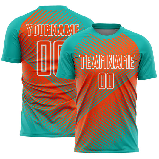 Custom Aqua Orange-White Line Sublimation Soccer Uniform Jersey - Main View