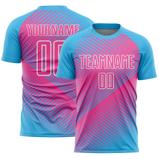Custom Sky Blue Pink-White Line Sublimation Soccer Uniform Jersey - Main View