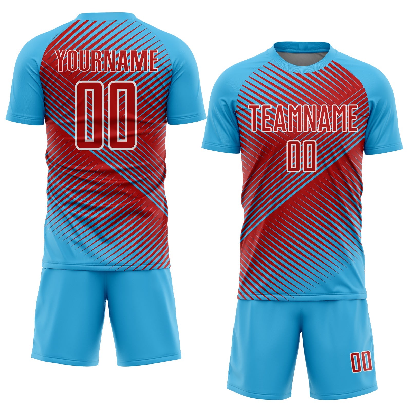 Custom Sky Blue Red-White Line Sublimation Soccer Uniform Jersey view 2