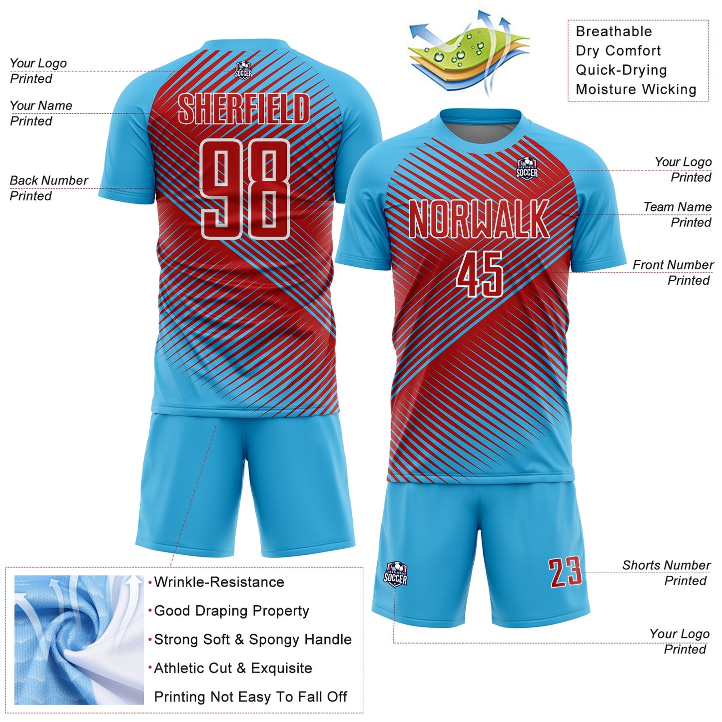 Custom Sky Blue Red-White Line Sublimation Soccer Uniform Jersey view 4