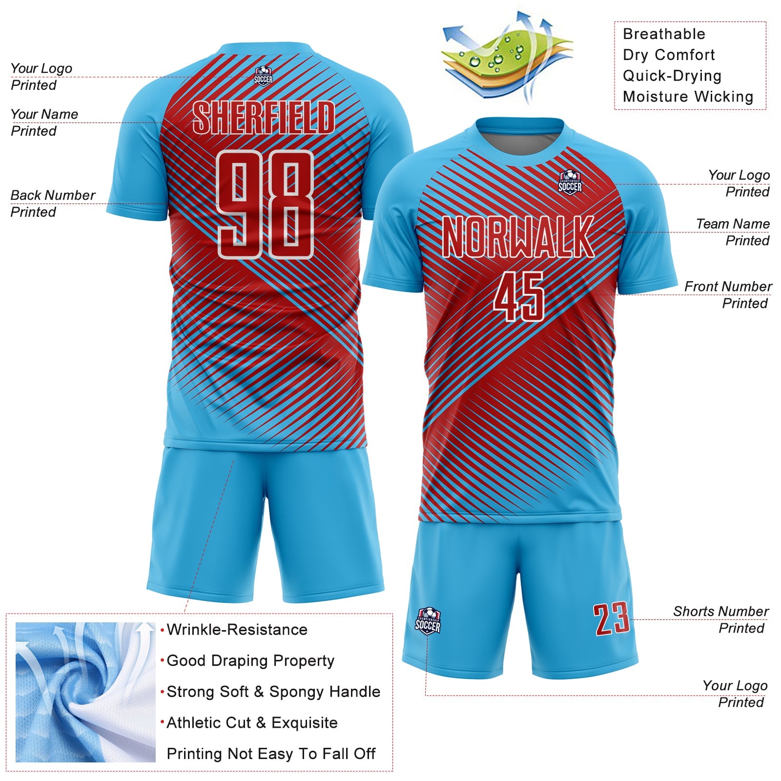 Custom Sky Blue Red-White Line Sublimation Soccer Uniform Jersey view 4