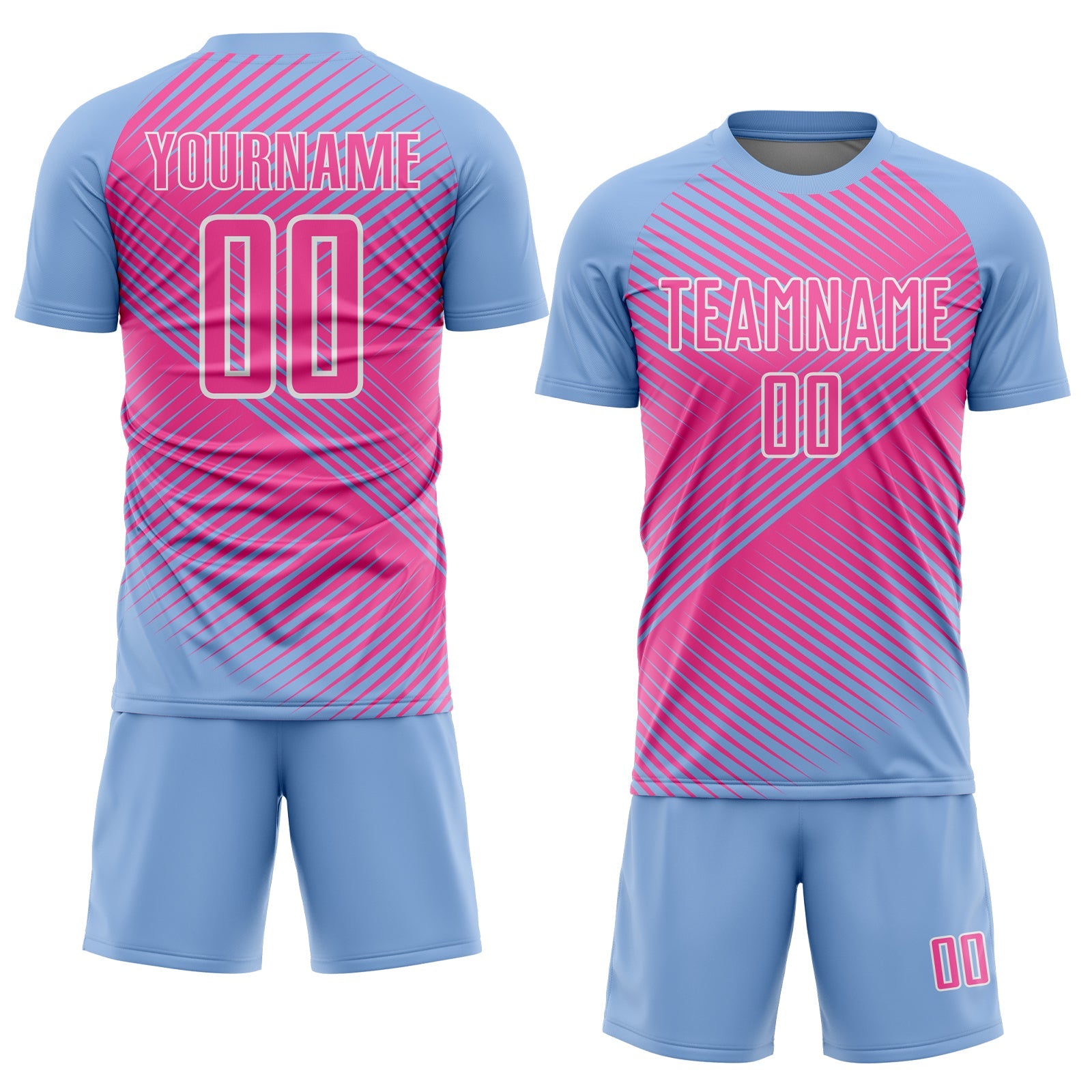Custom Light Blue Pink-White Line Sublimation Soccer Uniform Jersey view 2