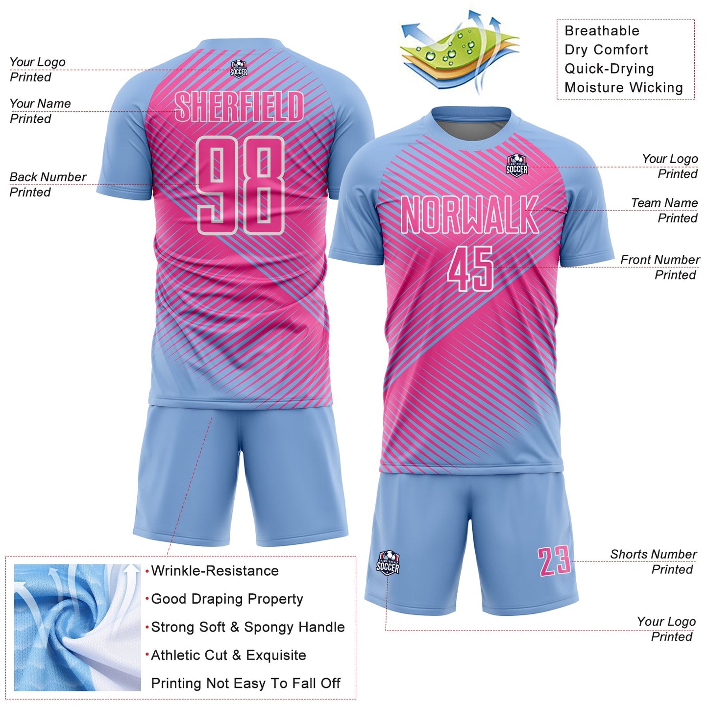 Custom Light Blue Pink-White Line Sublimation Soccer Uniform Jersey view 4