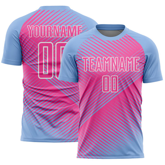 Custom Light Blue Pink-White Line Sublimation Soccer Uniform Jersey - Main View