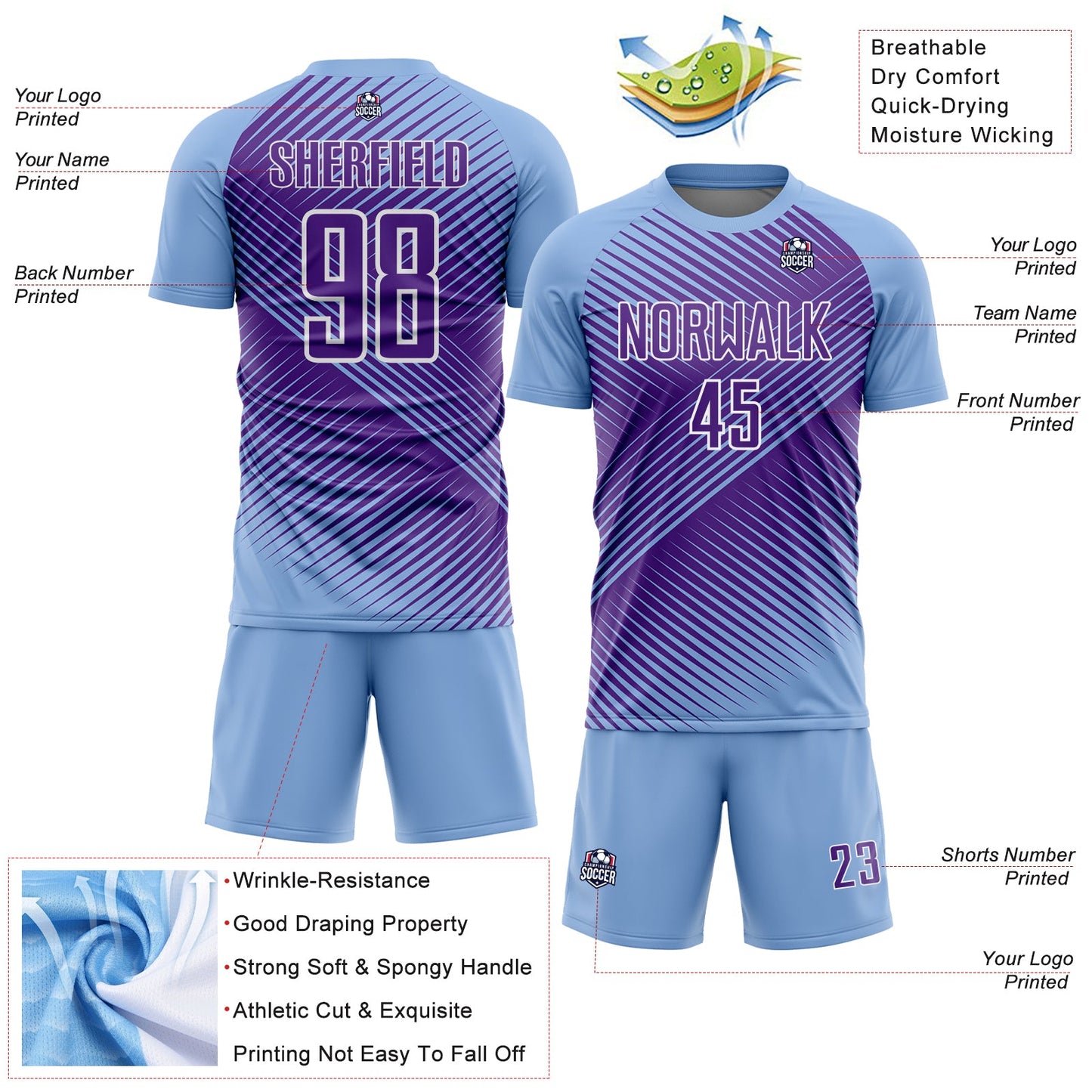 Custom Light Blue Purple-White Line Sublimation Soccer Uniform Jersey view 4