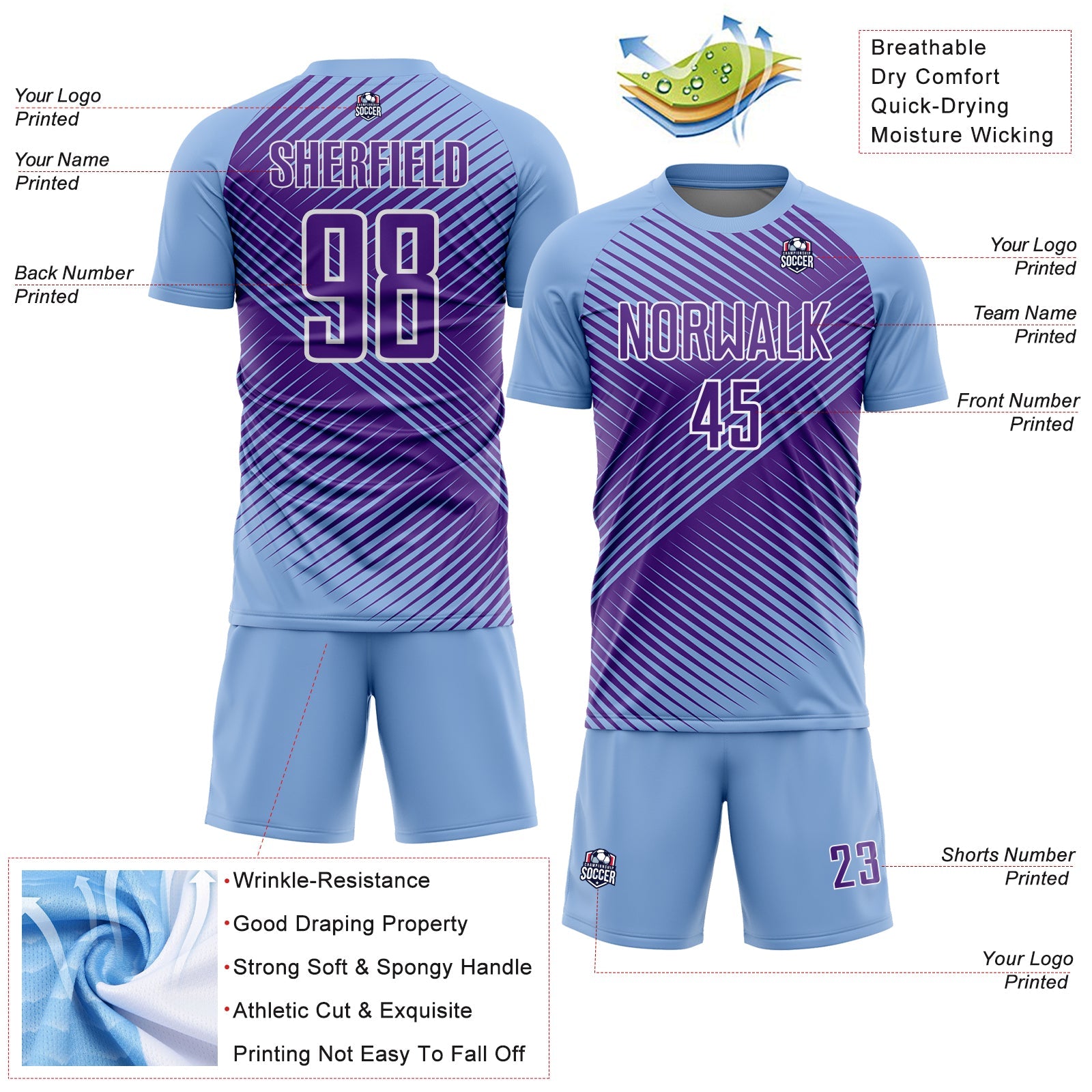 Custom Light Blue Purple-White Line Sublimation Soccer Uniform Jersey view 4