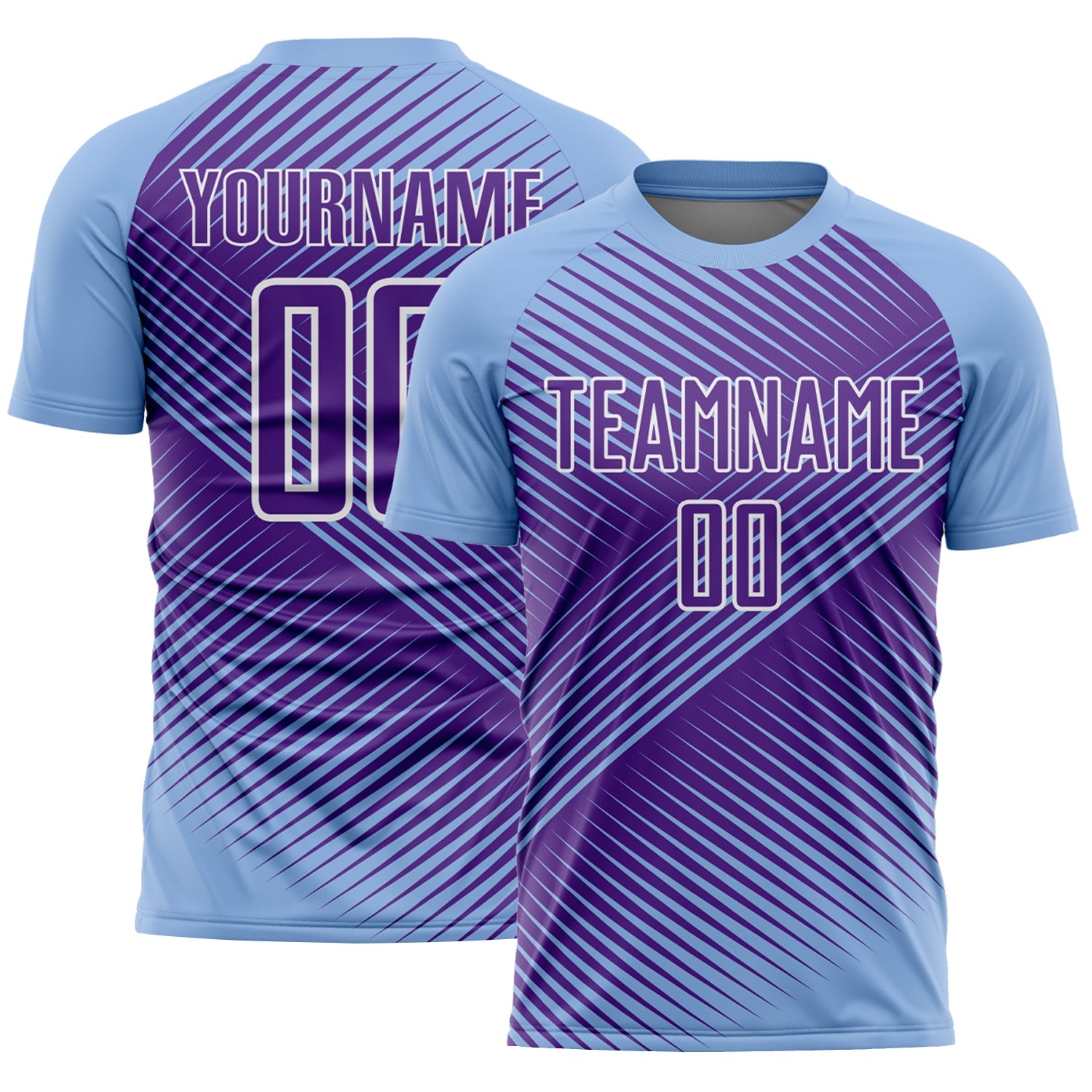 Custom Light Blue Purple-White Line Sublimation Soccer Uniform Jersey - Main View