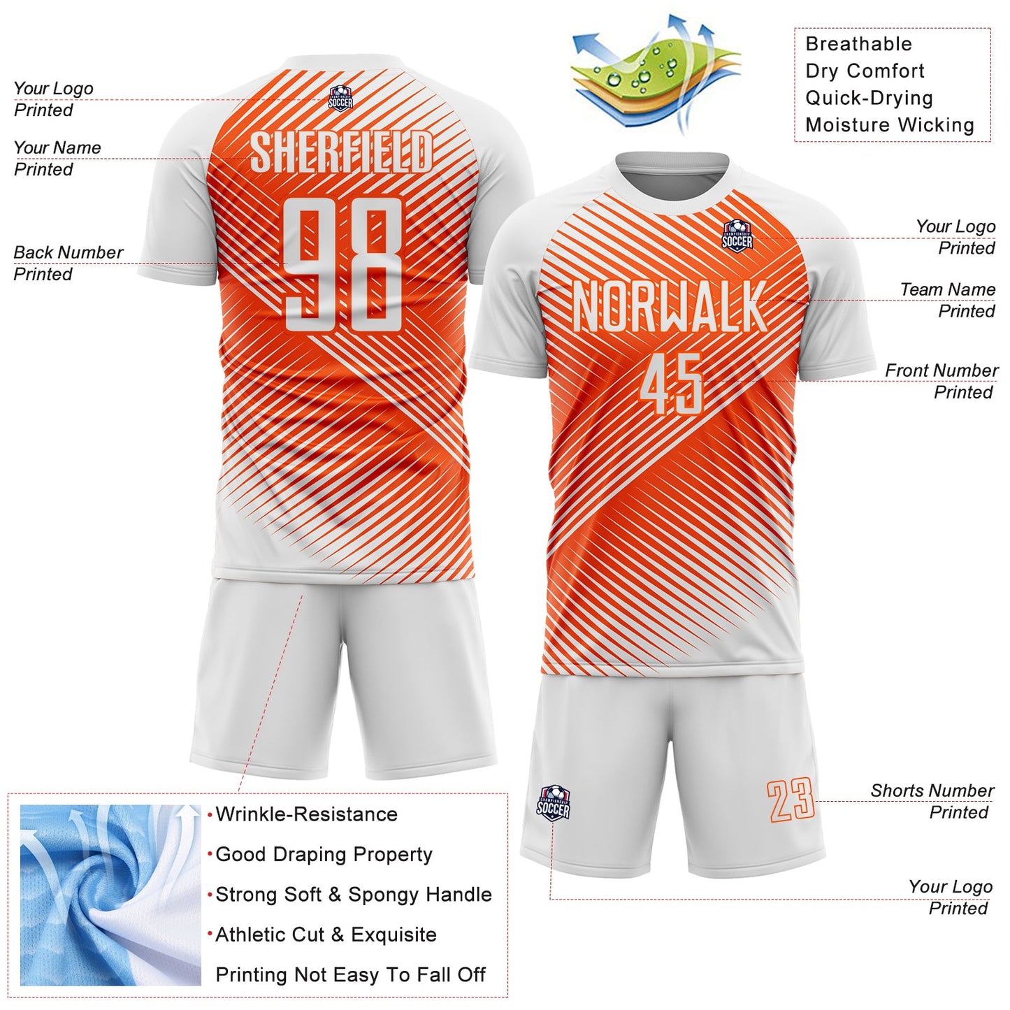 Custom White Orange Line Sublimation Soccer Uniform Jersey view 4