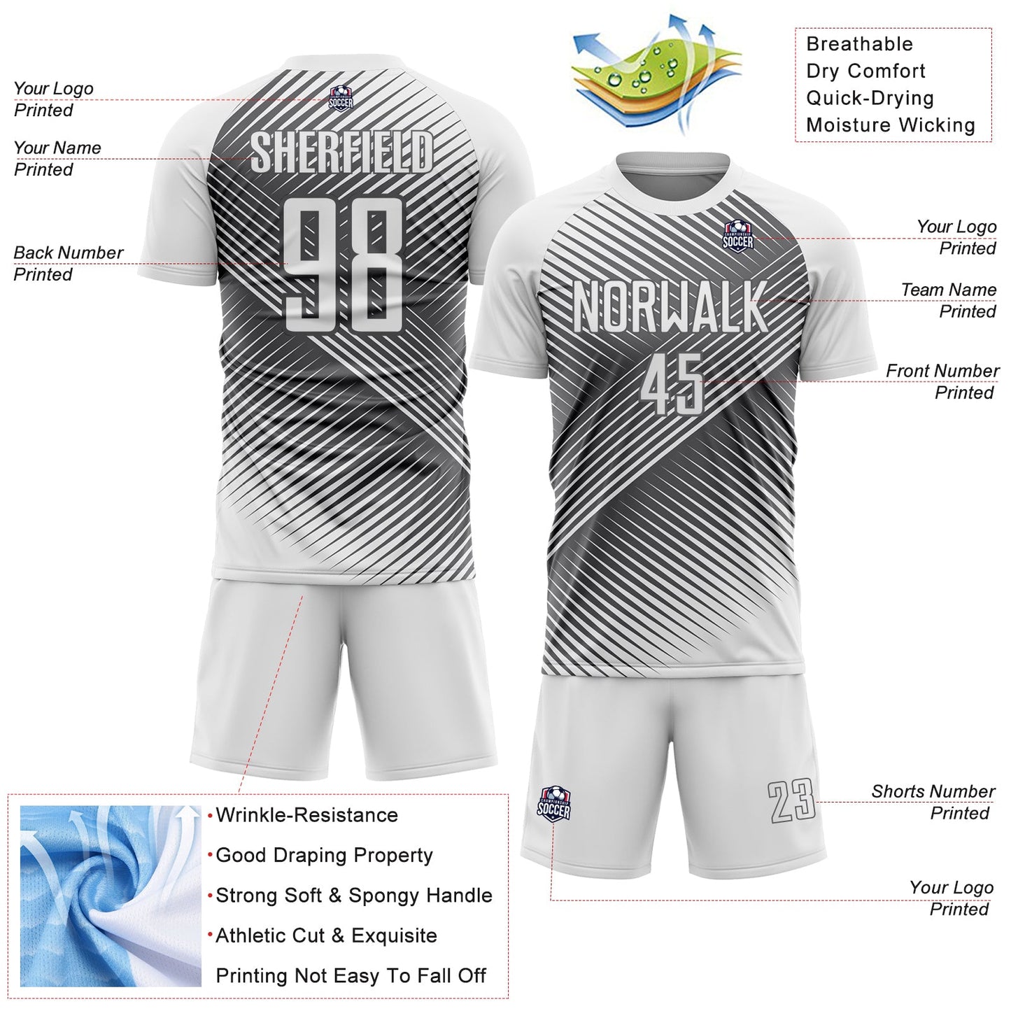 Custom White Steel Gray Line Sublimation Soccer Uniform Jersey view 4