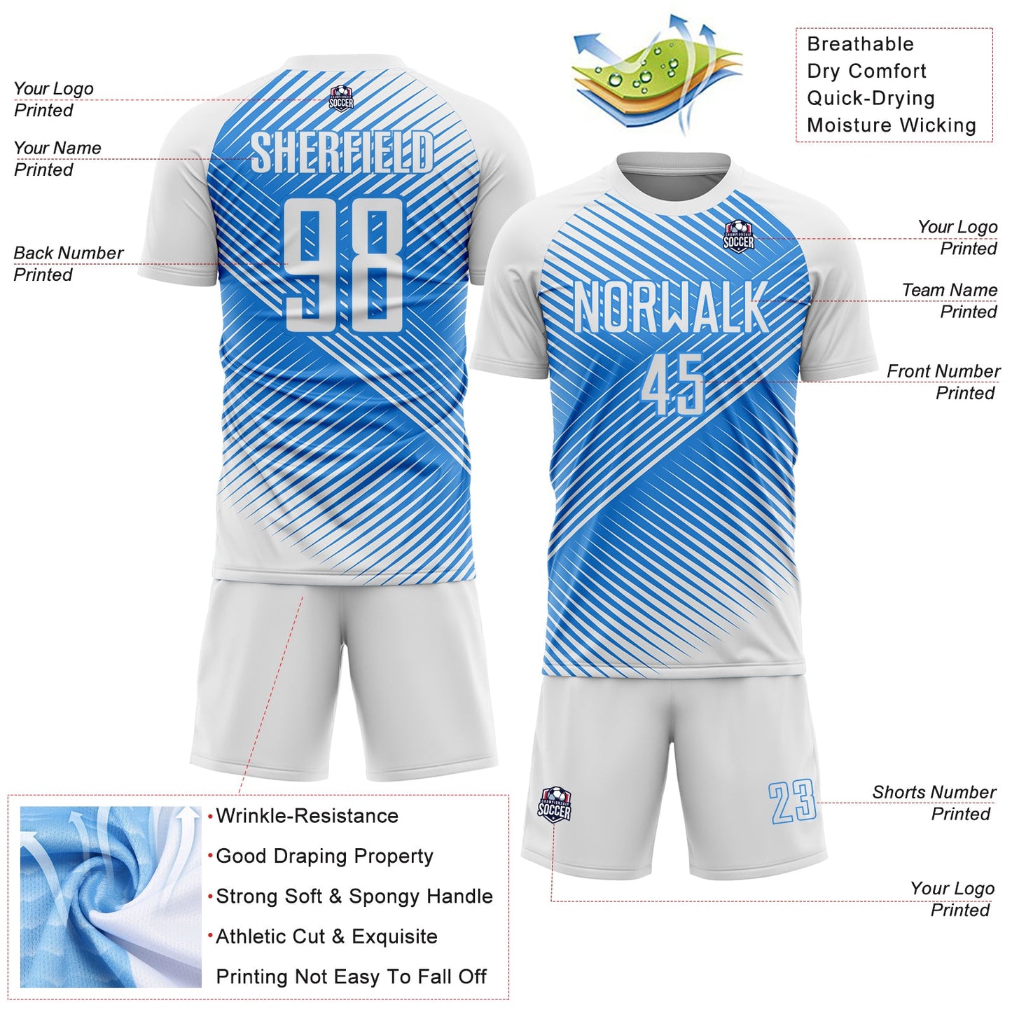 Custom White Powder Blue Line Sublimation Soccer Uniform Jersey view 4