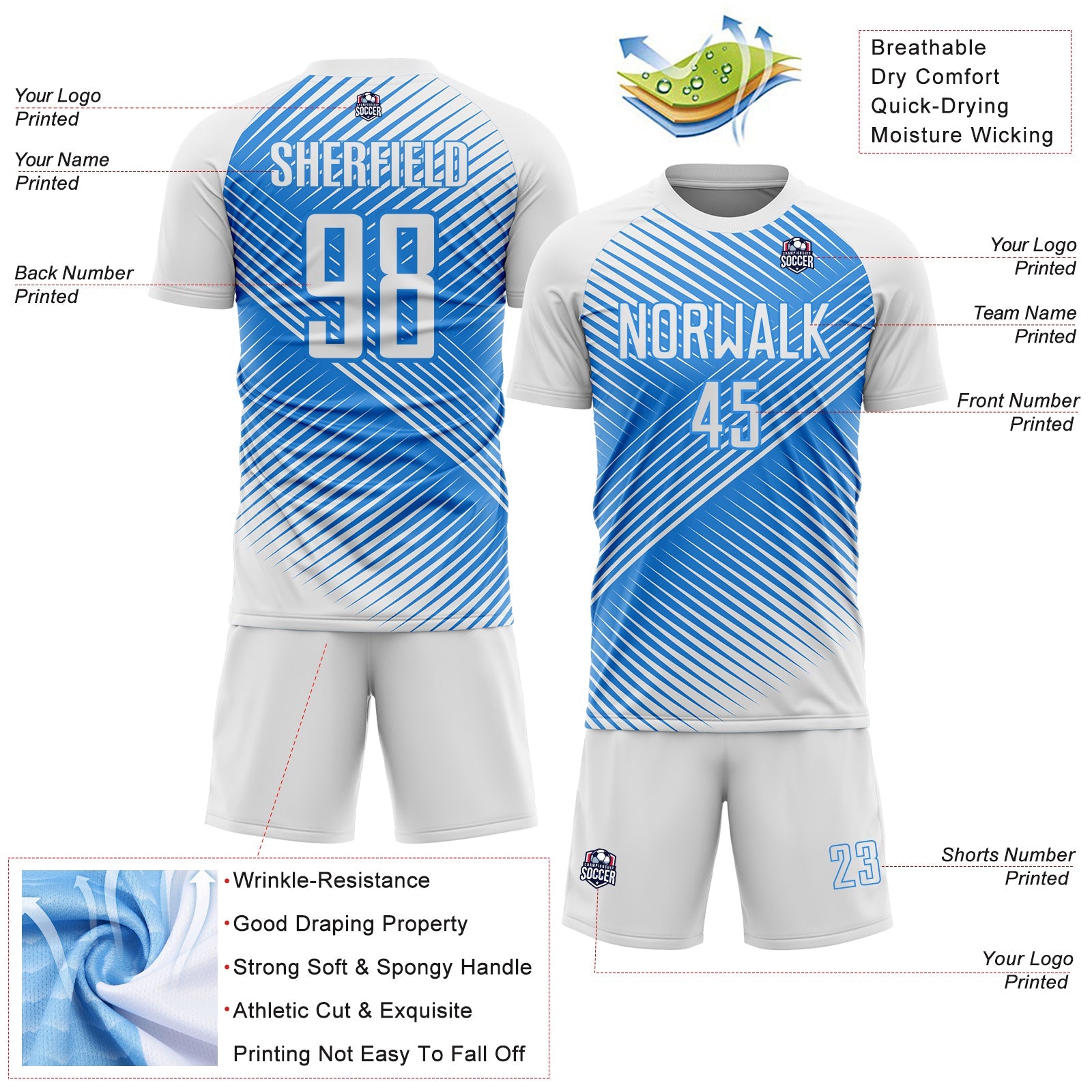 Custom White Powder Blue Line Sublimation Soccer Uniform Jersey view 4