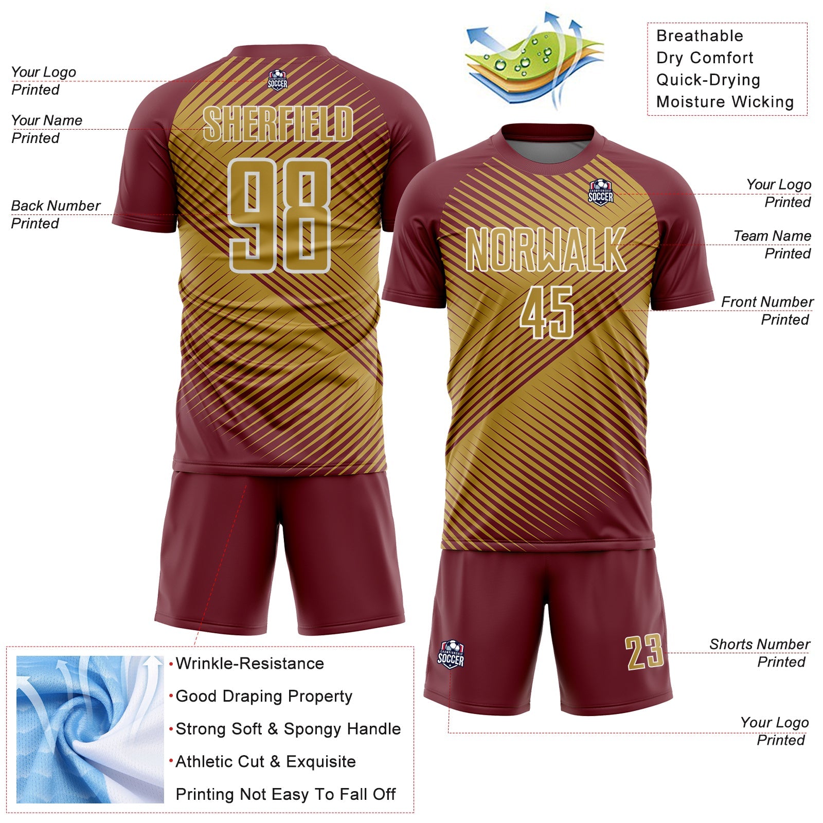Custom Burgundy Old Gold-White Line Sublimation Soccer Uniform Jersey view 4
