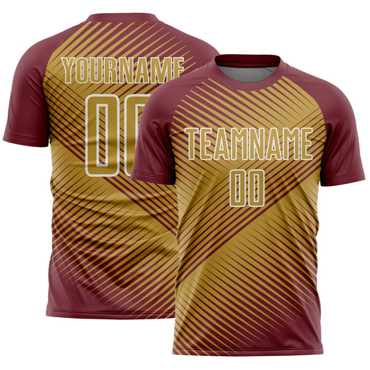 Custom Burgundy Old Gold-White Line Sublimation Soccer Uniform Jersey - Main View