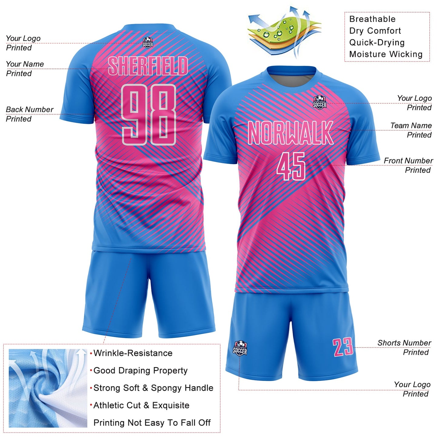Custom Powder Blue Pink-White Line Sublimation Soccer Uniform Jersey view 4