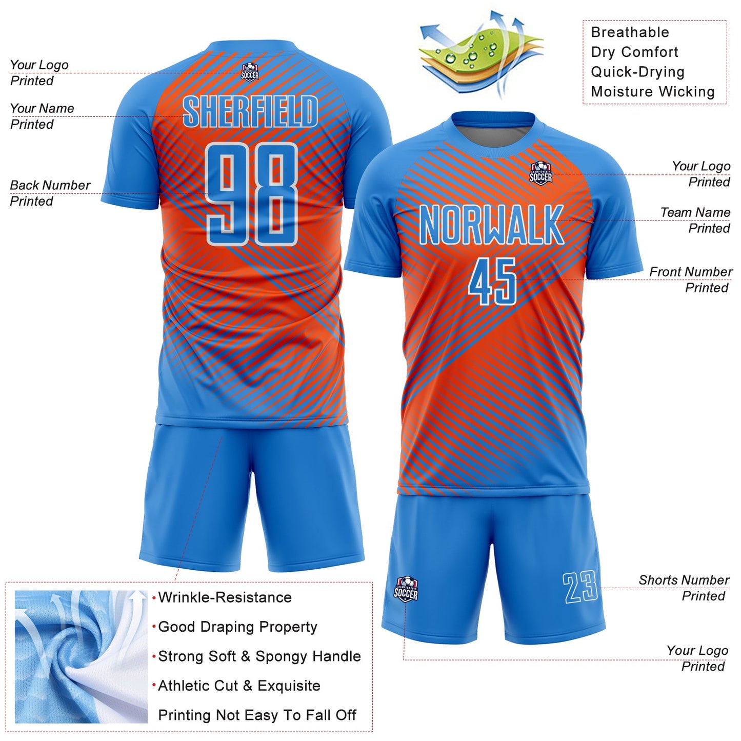 Custom Powder Blue Orange-White Line Sublimation Soccer Uniform Jersey view 4