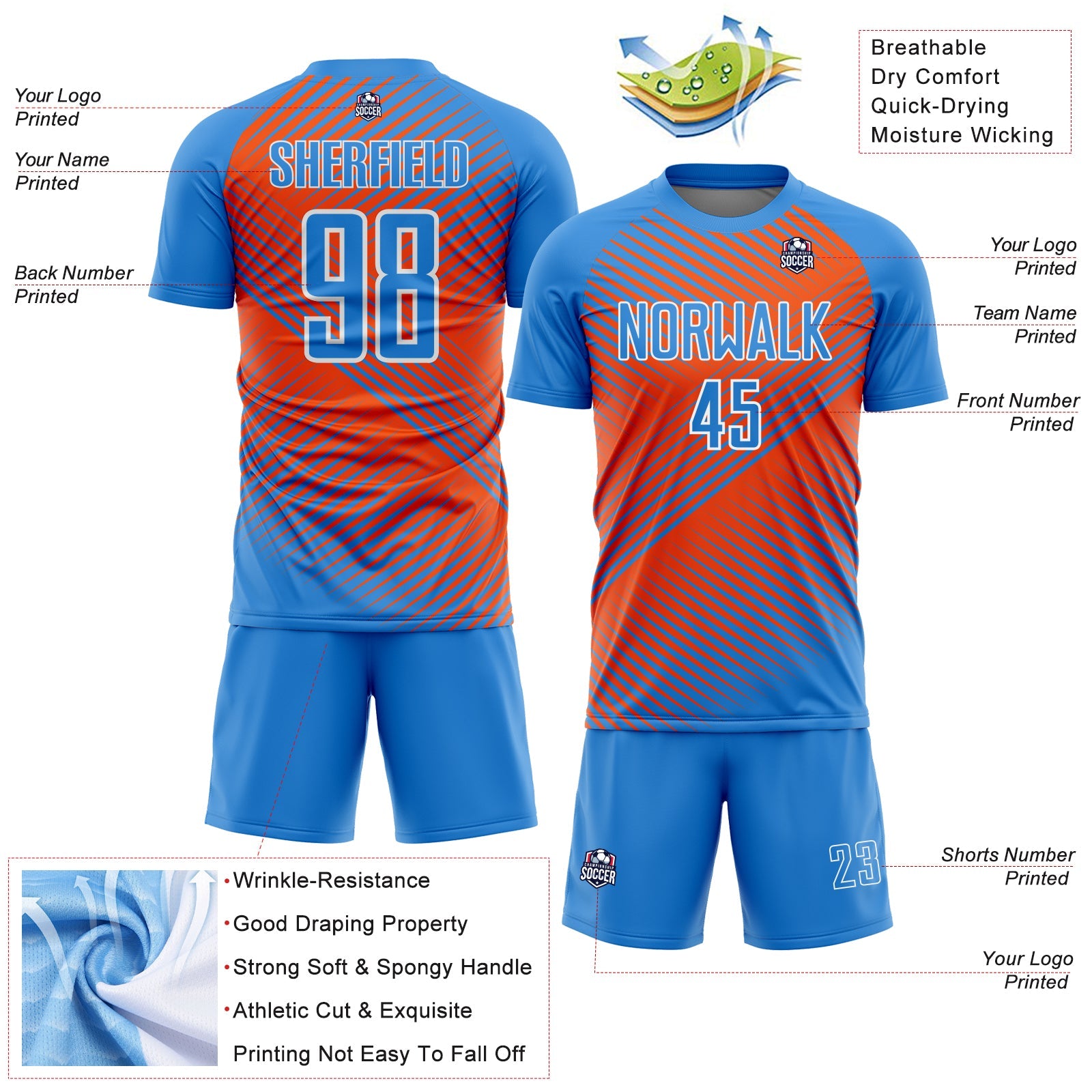Custom Powder Blue Orange-White Line Sublimation Soccer Uniform Jersey view 4