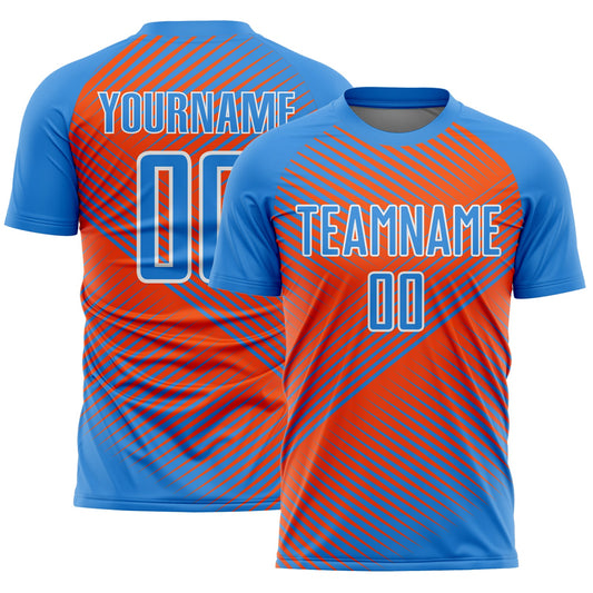 Custom Powder Blue Orange-White Line Sublimation Soccer Uniform Jersey - Main View