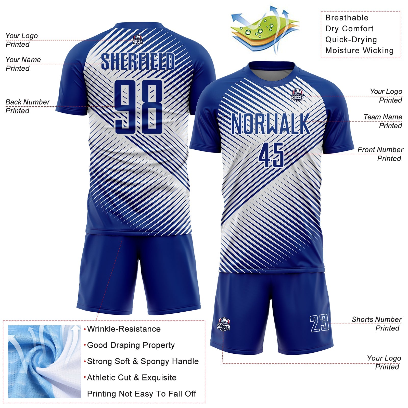 Custom Royal White Line Sublimation Soccer Uniform Jersey view 4