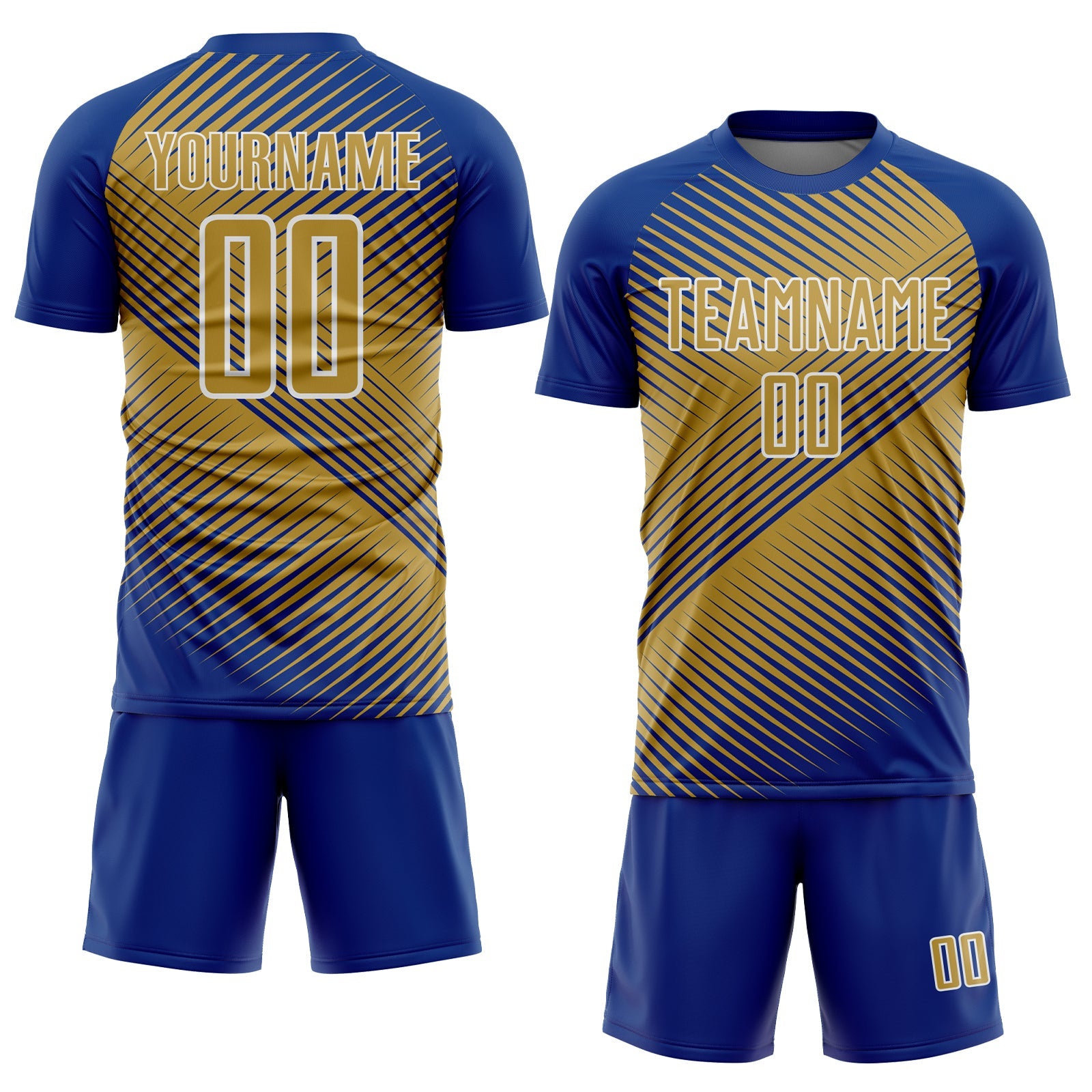Custom Royal Old Gold-White Line Sublimation Soccer Uniform Jersey view 2