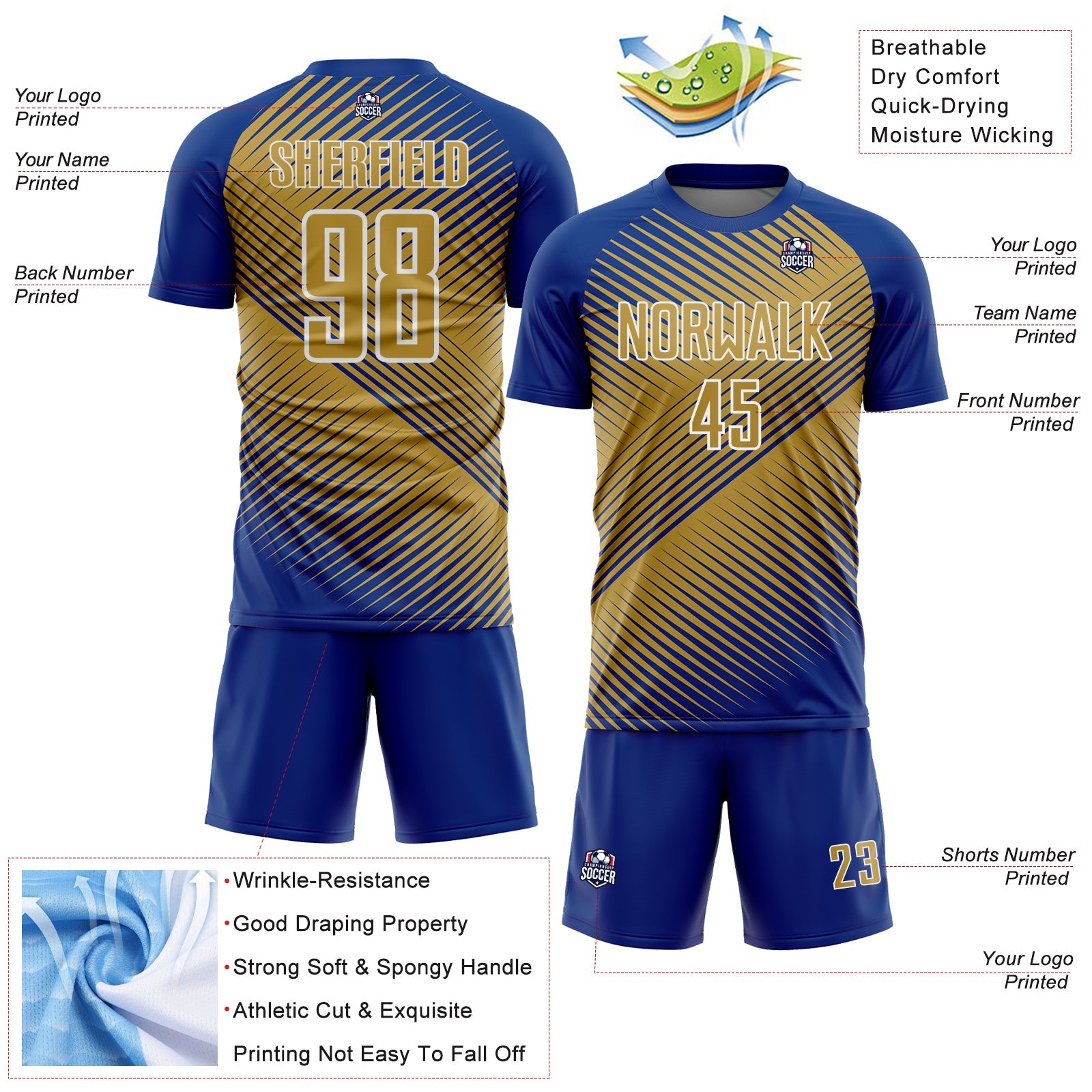 Custom Royal Old Gold-White Line Sublimation Soccer Uniform Jersey view 4