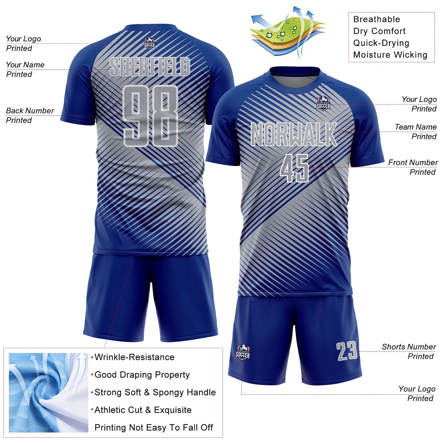 Custom Royal Gray-White Line Sublimation Soccer Uniform Jersey view 4