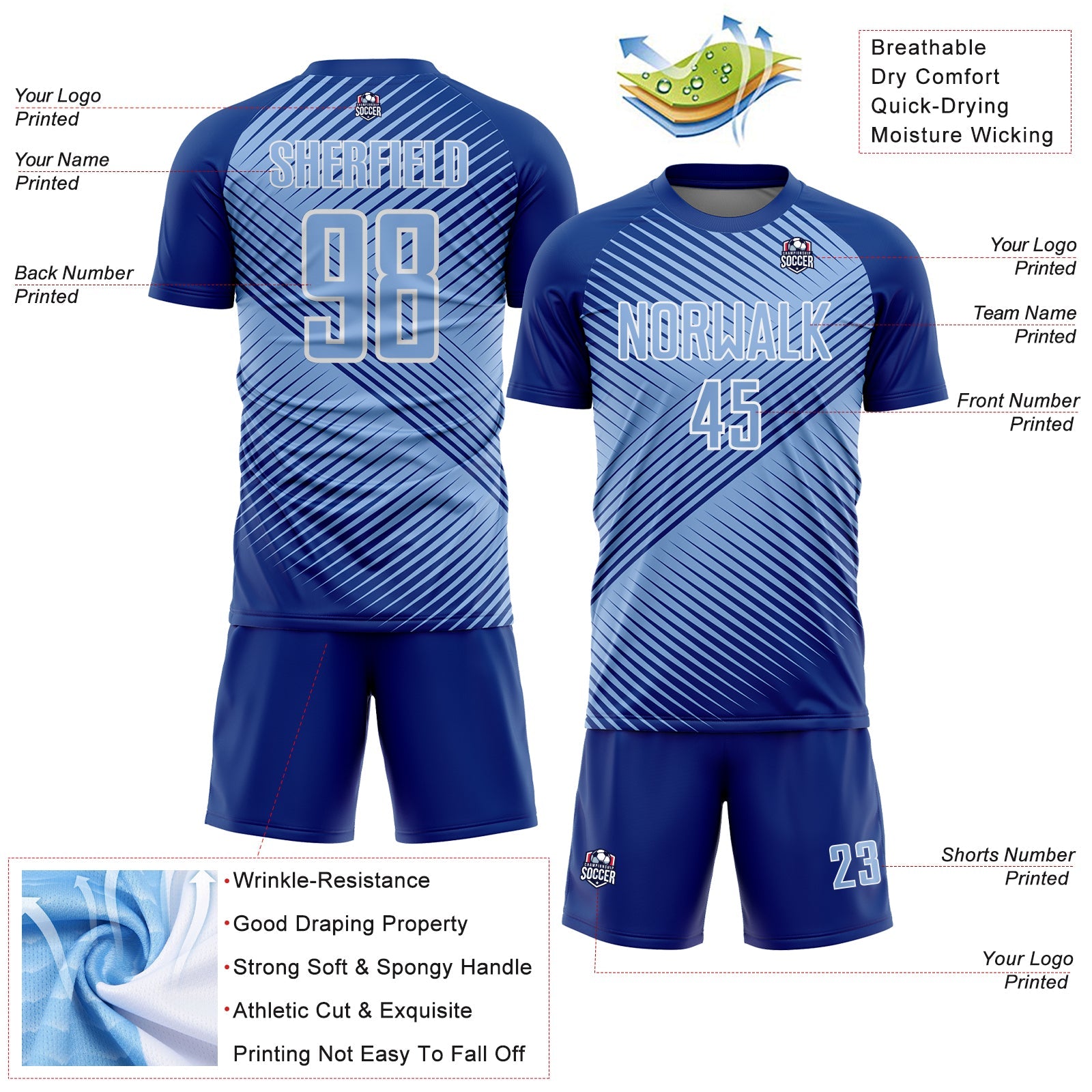 Custom Royal Light Blue-White Line Sublimation Soccer Uniform Jersey view 4