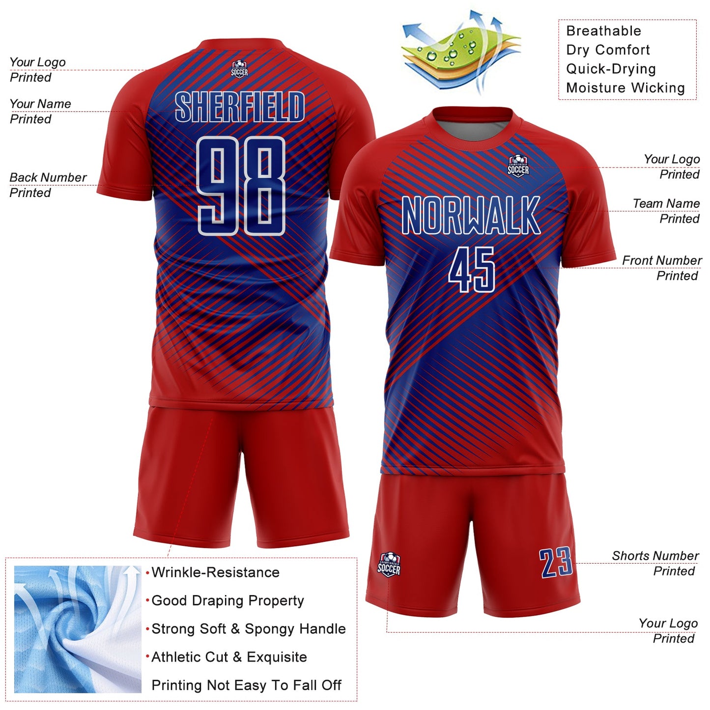 Custom Red Royal-White Line Sublimation Soccer Uniform Jersey view 4