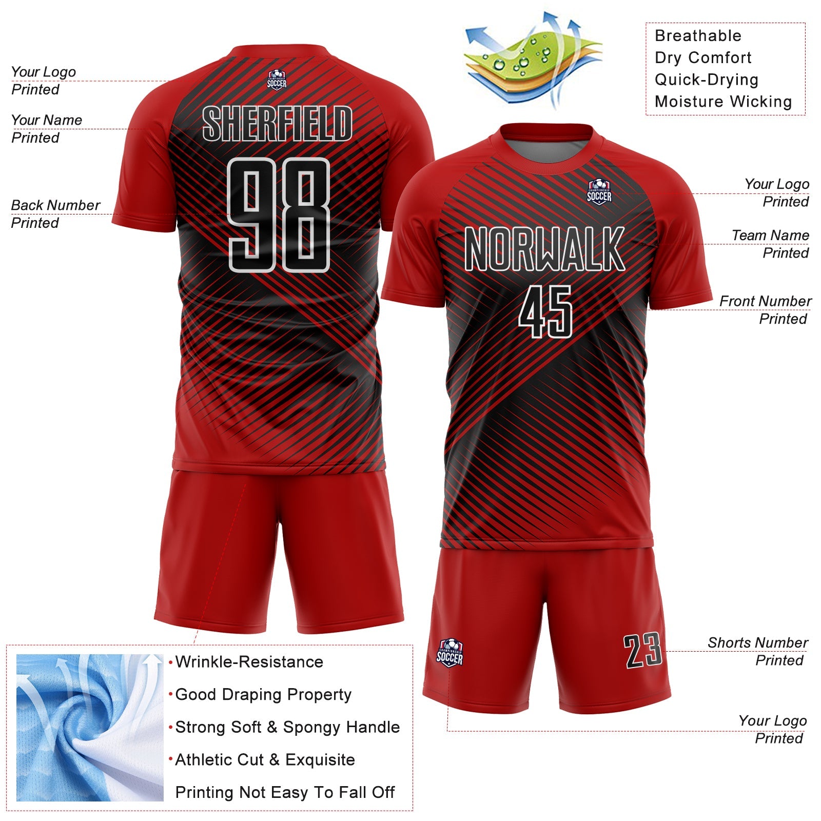 Custom Red Black-White Line Sublimation Soccer Uniform Jersey view 4