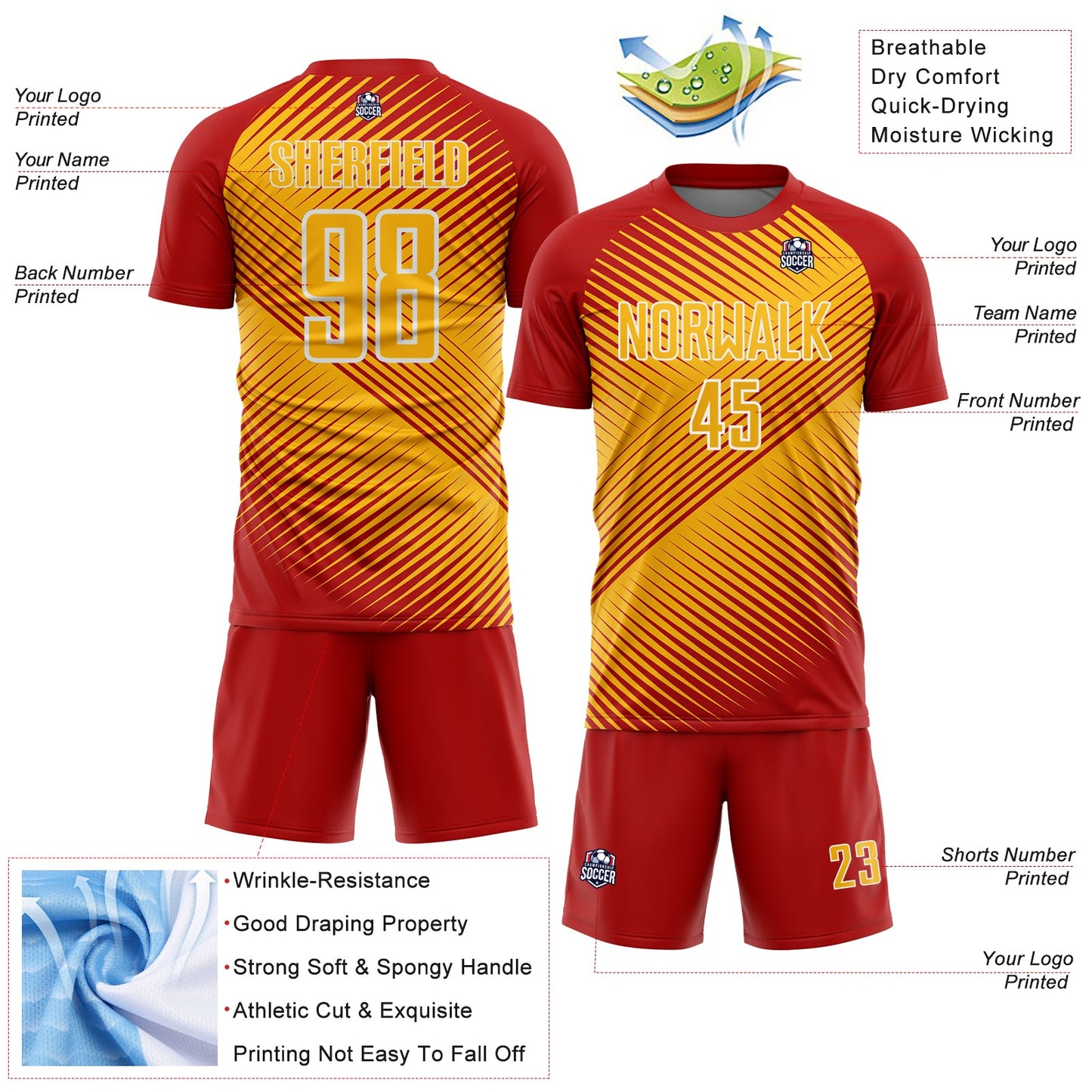 Custom Red Gold-White Line Sublimation Soccer Uniform Jersey view 4