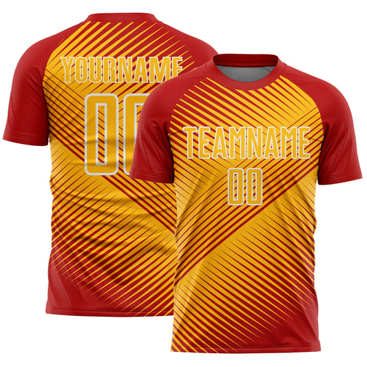Custom Red Gold-White Line Sublimation Soccer Uniform Jersey - Main View