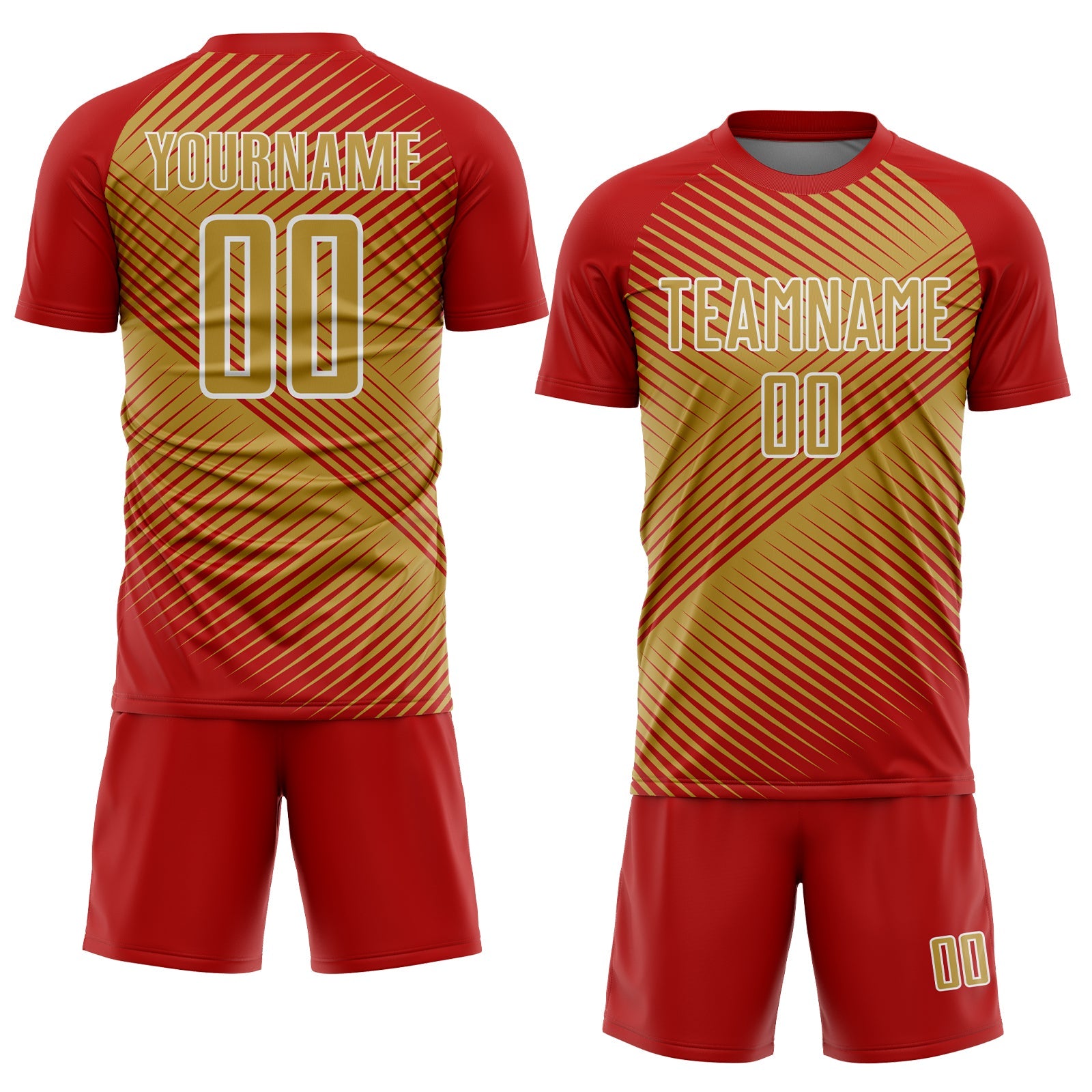 Custom Red Old Gold-White Line Sublimation Soccer Uniform Jersey view 2