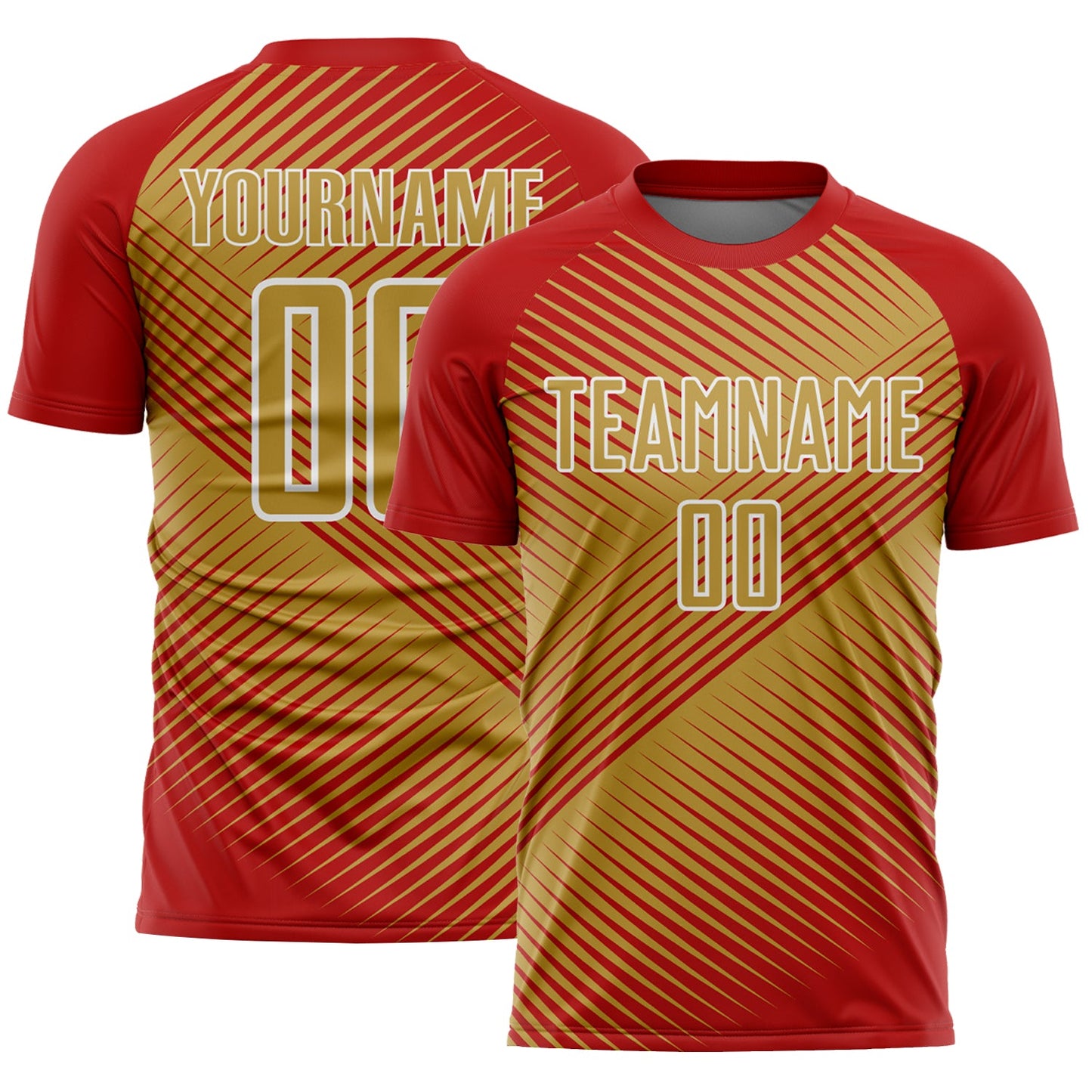 Custom Red Old Gold-White Line Sublimation Soccer Uniform Jersey - Main View