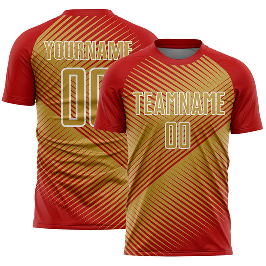 Custom Red Old Gold-White Line Sublimation Soccer Uniform Jersey - Main View
