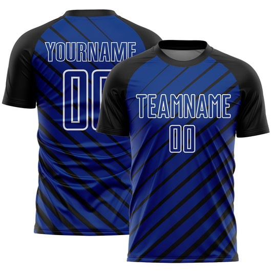 Custom Black Royal-White Lines Sublimation Soccer Uniform Jersey - Main View