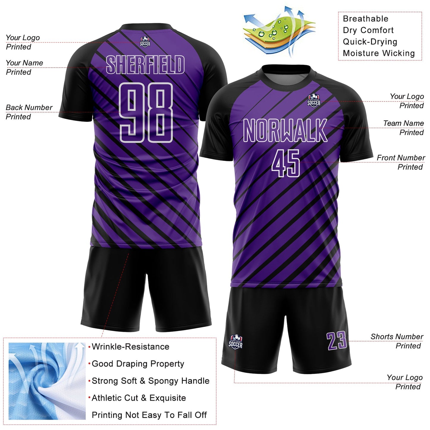 Custom Black Purple-White Lines Sublimation Soccer Uniform Jersey view 4