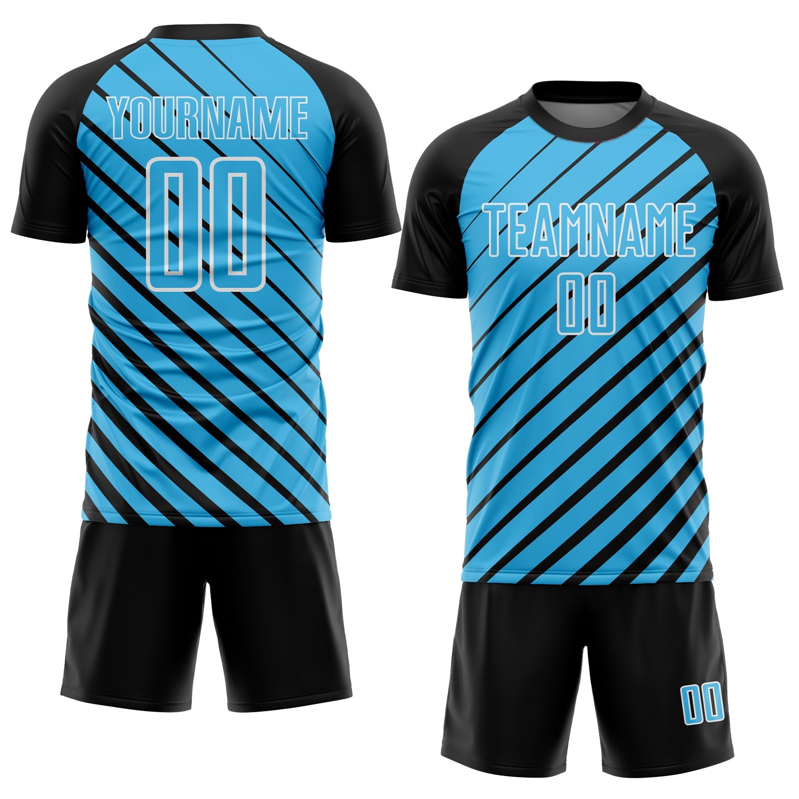 Custom Black Sky Blue-White Lines Sublimation Soccer Uniform Jersey view 2