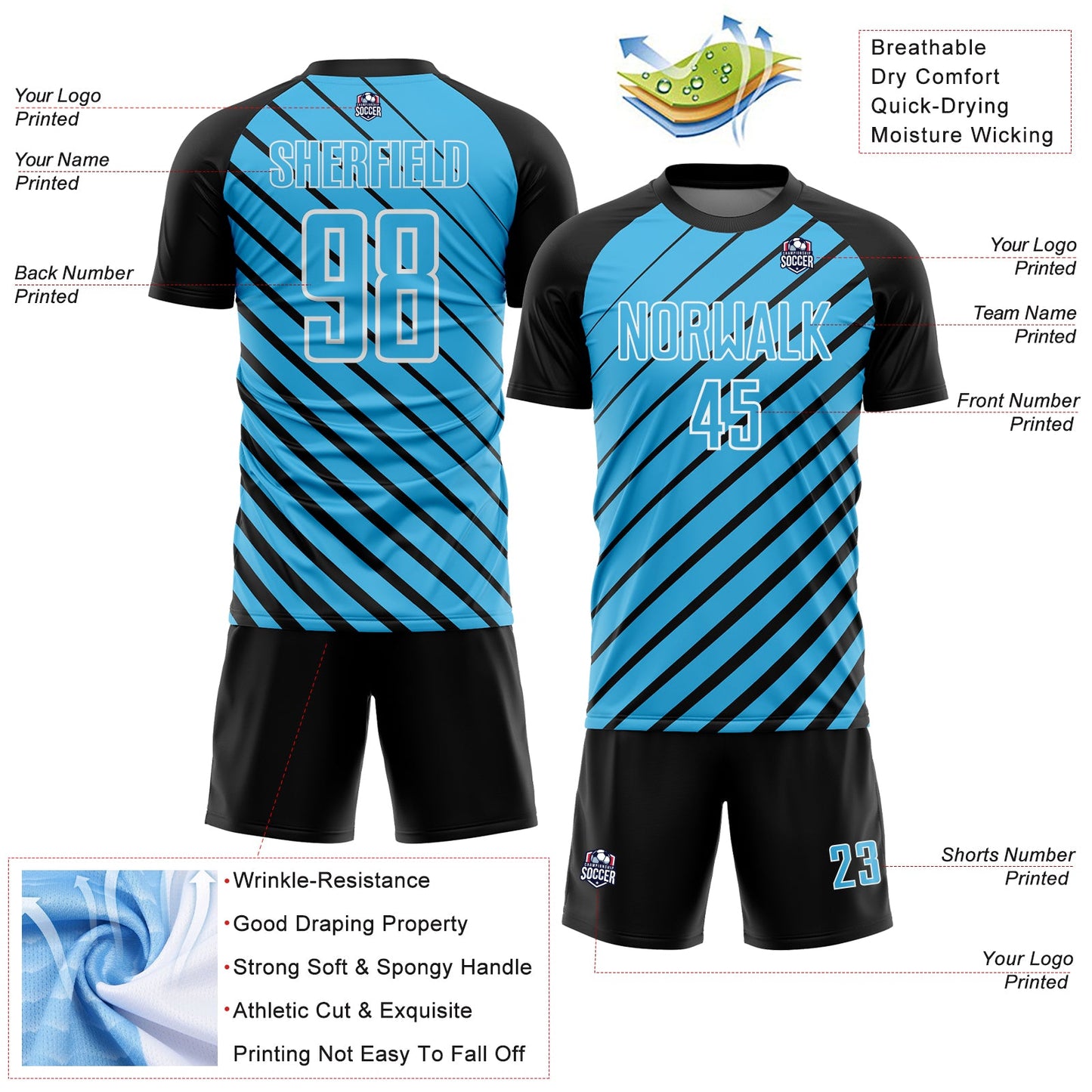 Custom Black Sky Blue-White Lines Sublimation Soccer Uniform Jersey view 4