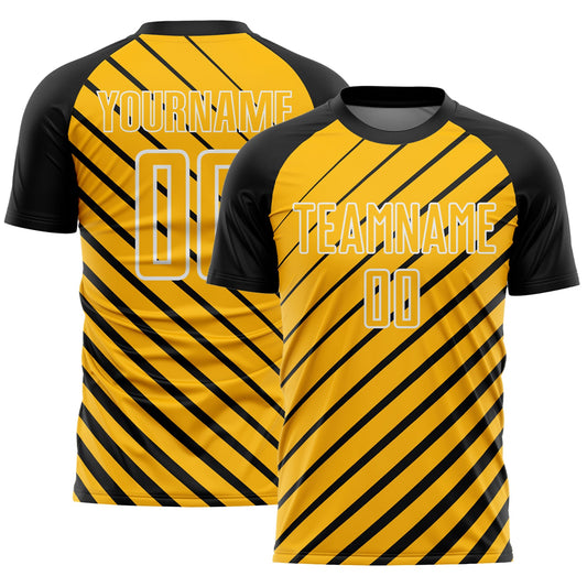 Custom Black Gold-White Lines Sublimation Soccer Uniform Jersey - Main View