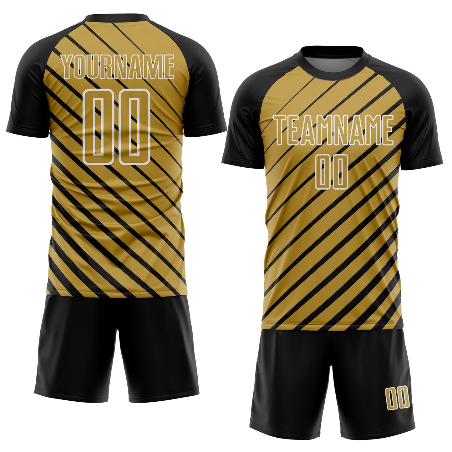 Custom Black Old Gold-White Lines Sublimation Soccer Uniform Jersey view 2