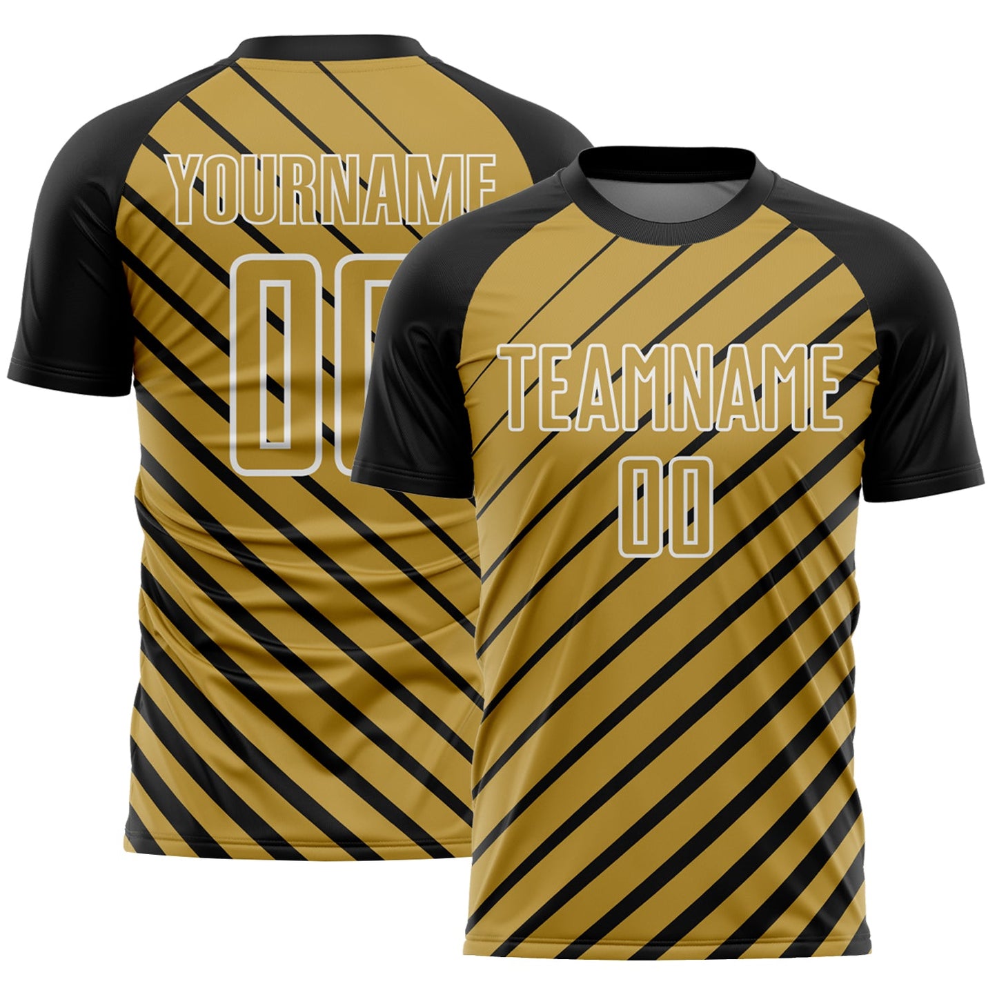 Custom Black Old Gold-White Lines Sublimation Soccer Uniform Jersey - Main View