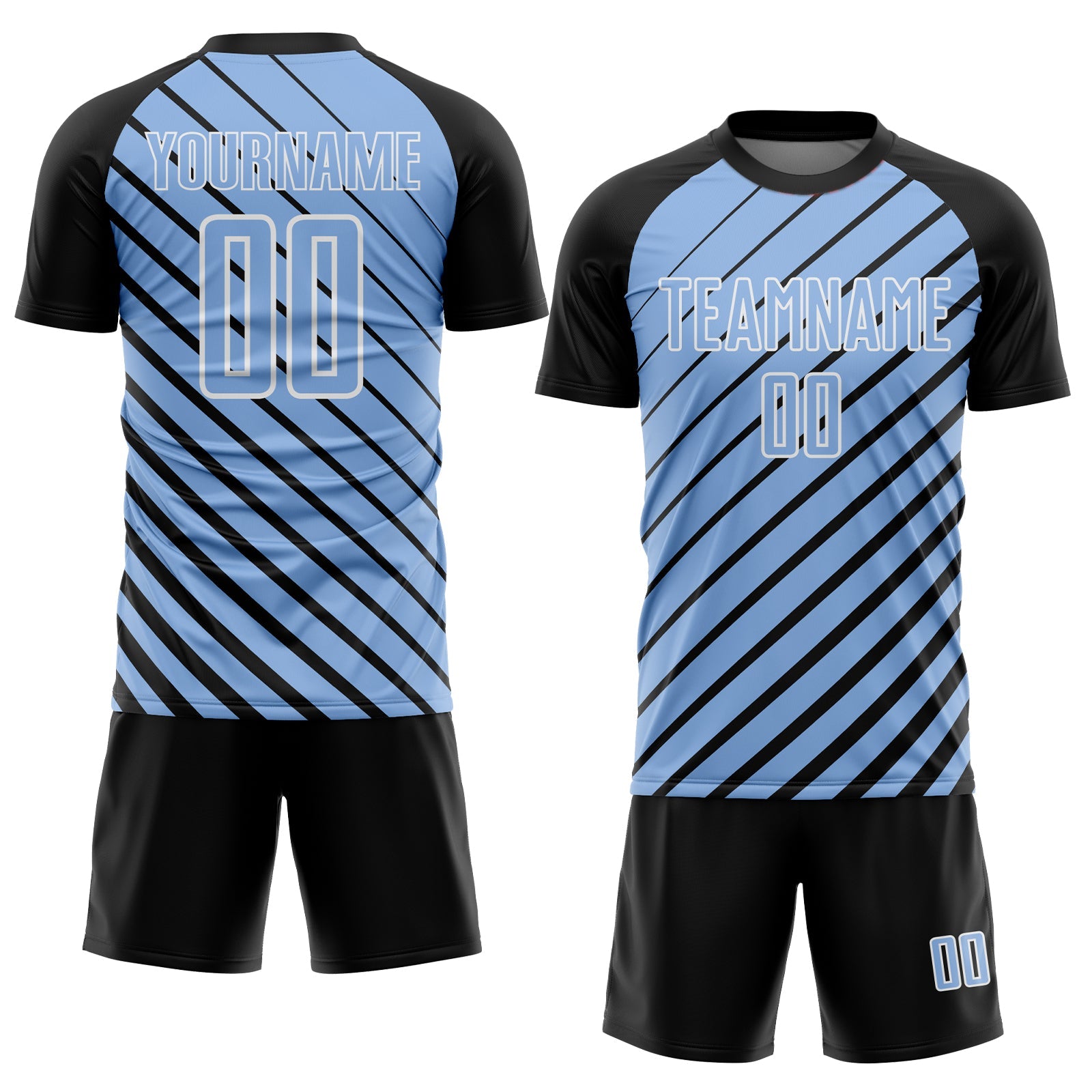 Custom Black Light Blue-White Lines Sublimation Soccer Uniform Jersey view 2