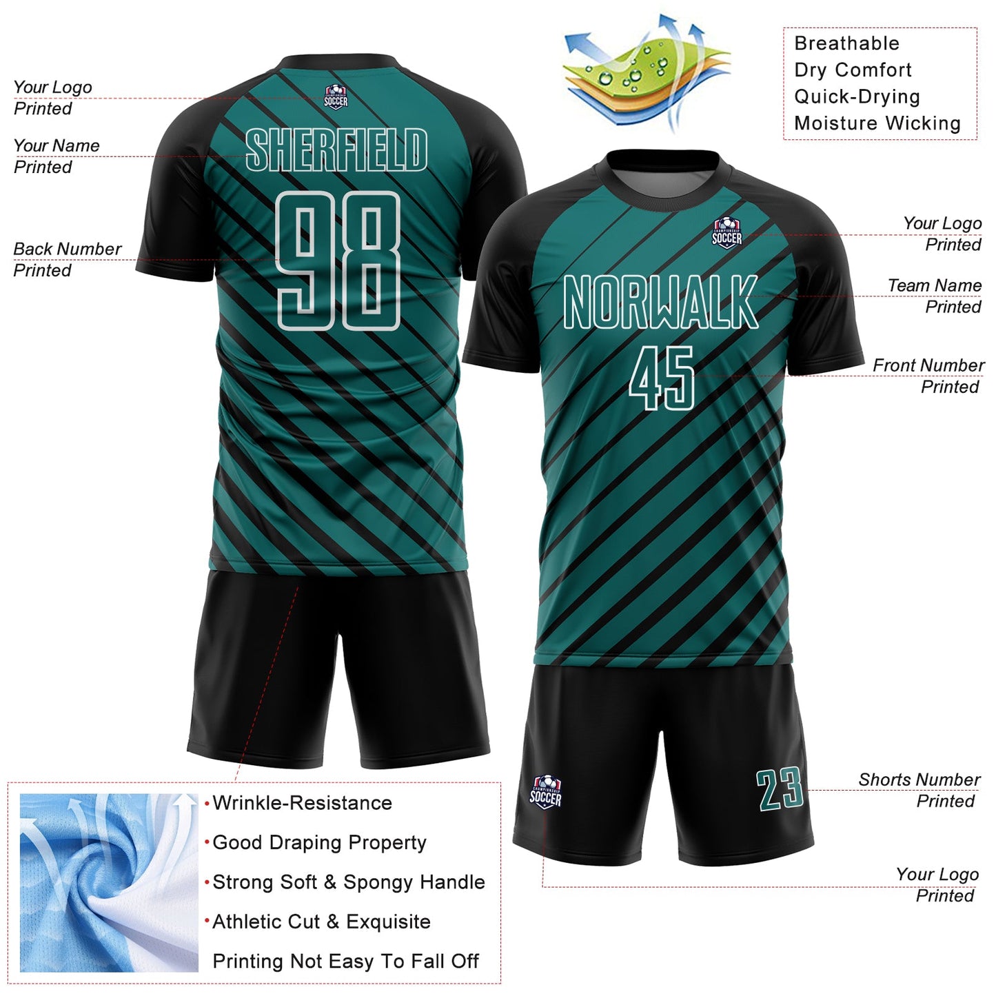 Custom Black Teal-White Lines Sublimation Soccer Uniform Jersey view 4